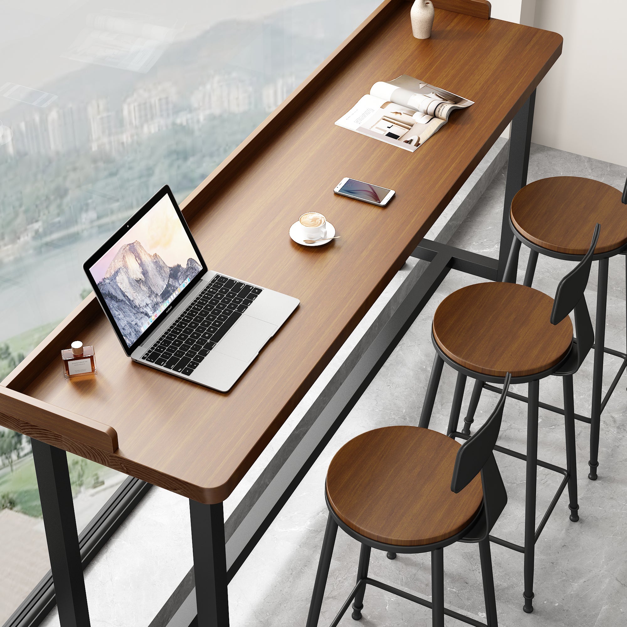 Solid Wood Bar Table Narrow Wall Console High Table Set for Home & Shops