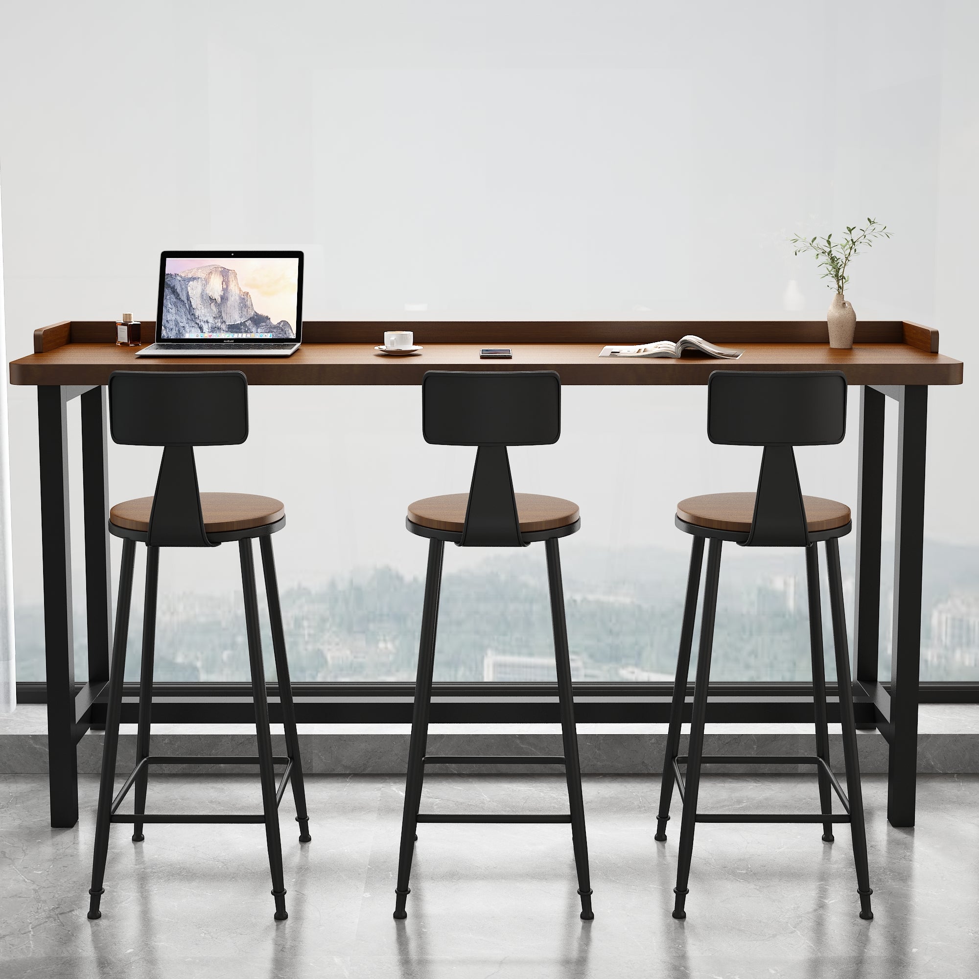 Solid Wood Bar Table Narrow Wall Console High Table Set for Home & Shops