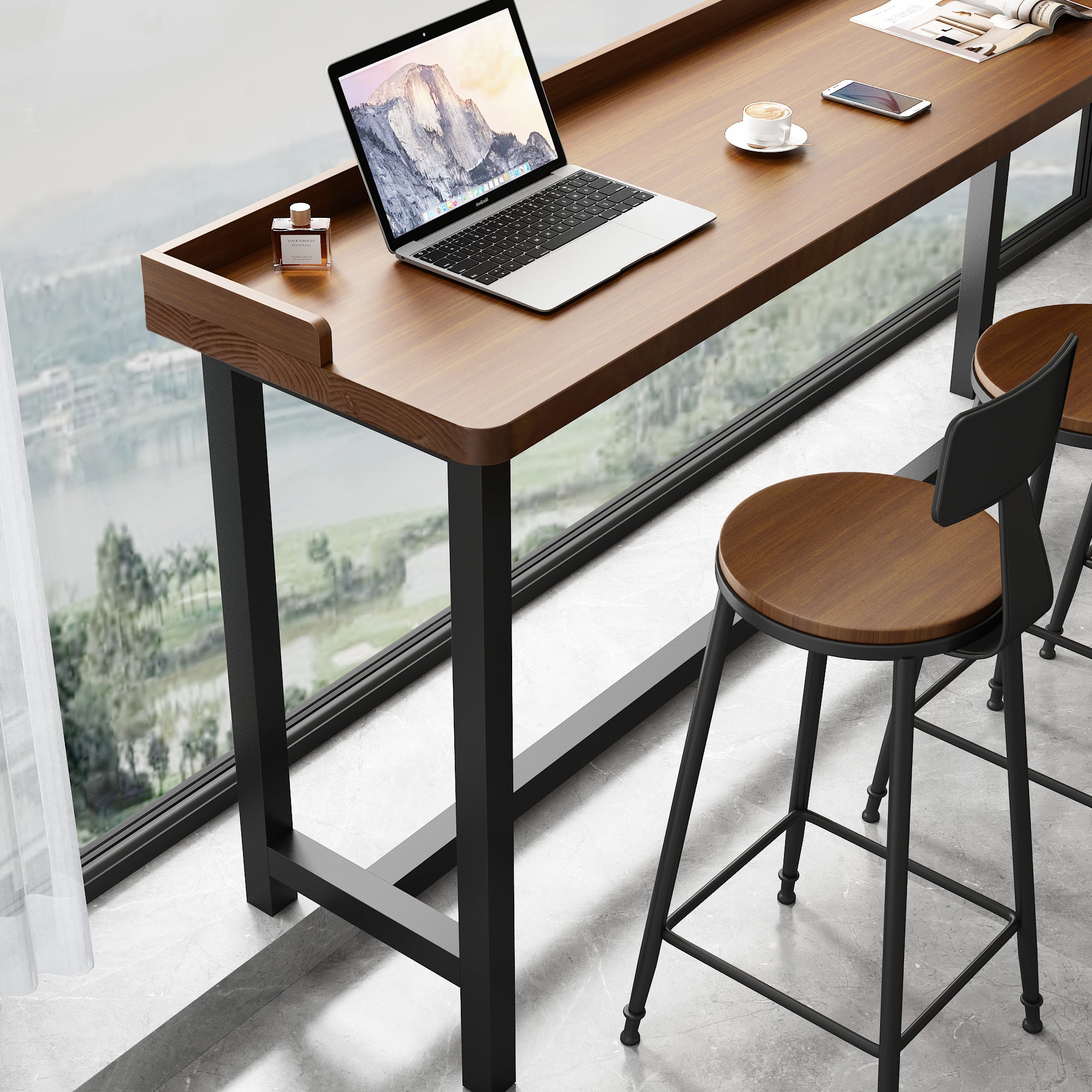 Solid Wood Bar Table Narrow Wall Console High Table Set for Home & Shops